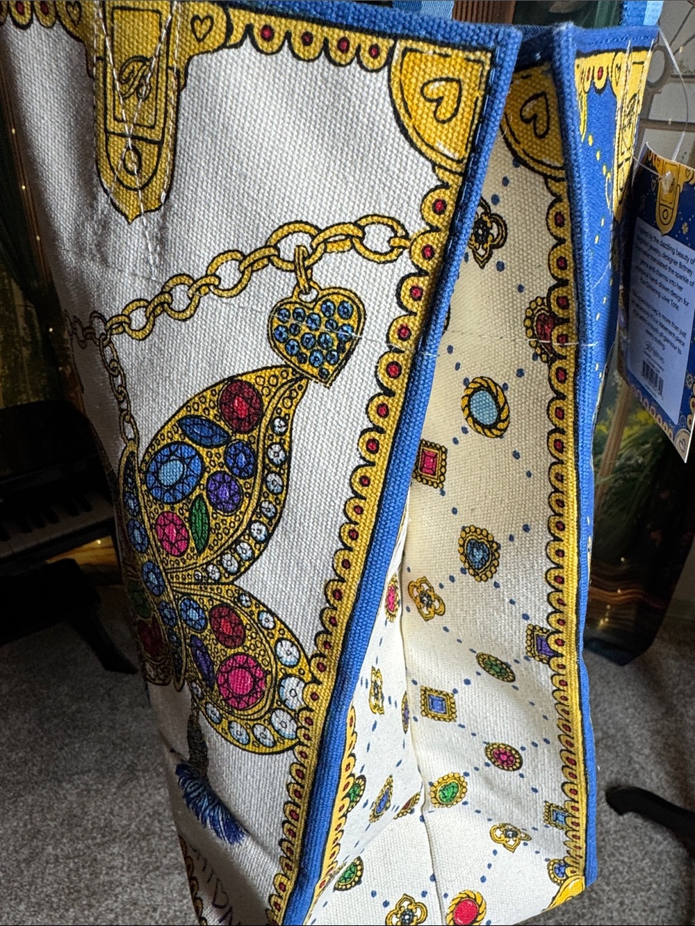 Brighton White Canvas Tote with Blue Trim and Multicolor Jewel Love Motif - Picture 7 of 8